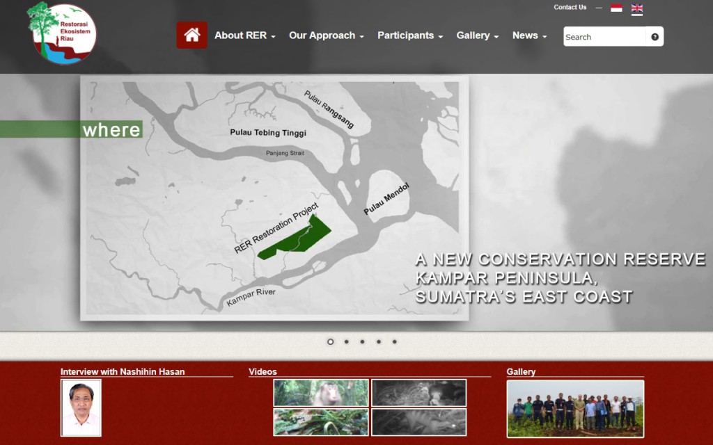 Restorasi Ekosistem Riau (RER) Website at www.rekofrest.og, focusing on forest restoration