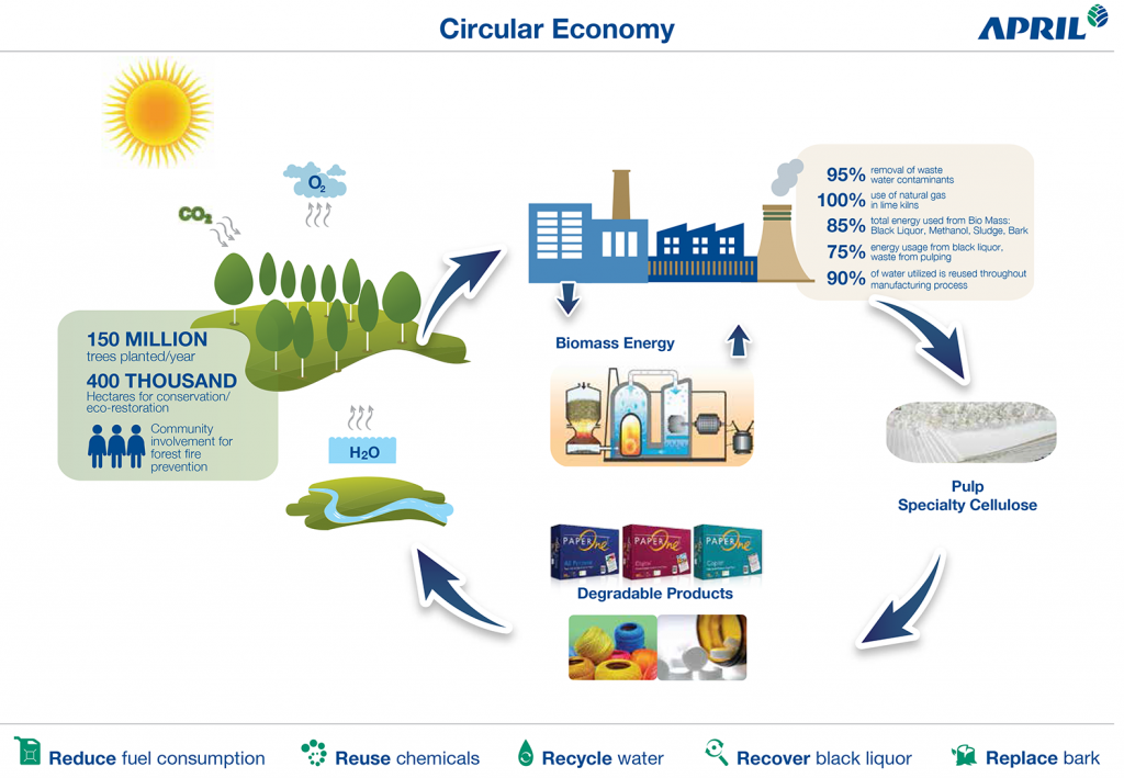 A diagram showing how APRIL Group has circular economy principles ingrained in its thinking and operations
