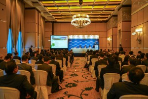 (from left) RGE Group Treasurer Patrick Ng speaks before banking representatives in Hong Kong. He is joined by (from left) Head of Asia Symbol Management Committee Lee Jian Shao, APRIL Group President Praveen Singhavi, APRIL Group Sustainability & External Affairs Director Lucita Jasmin.