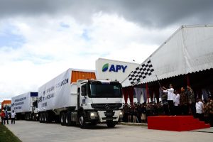 Indonesia President Joko Widodo flagged off trucks delivering viscose rayon for export.