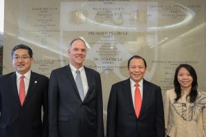 Tanoto Foundation founder Sukanto Tanoto (second from right) and Board of Trustees member Imelda Tanoto (right), with the Wharton management to mark the successful launch of the Penn Wharton China Center in Beijing in March 2015.