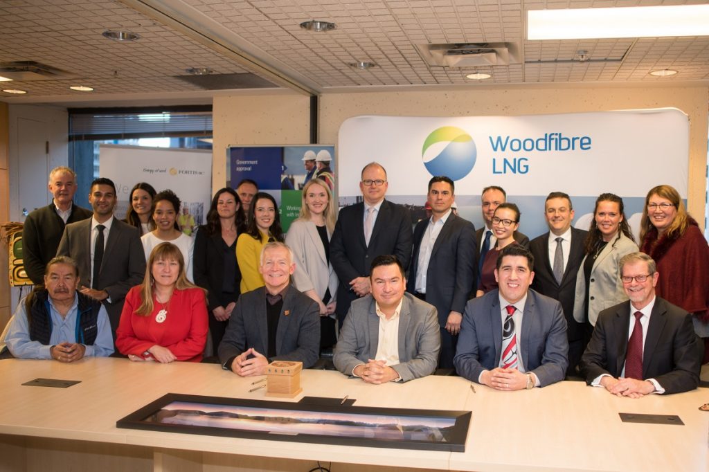 Representatives from Woodfibre LNG, Fortis BC, British Columbia government and Squamish Nation at the IBA signing ceremony in February 2019